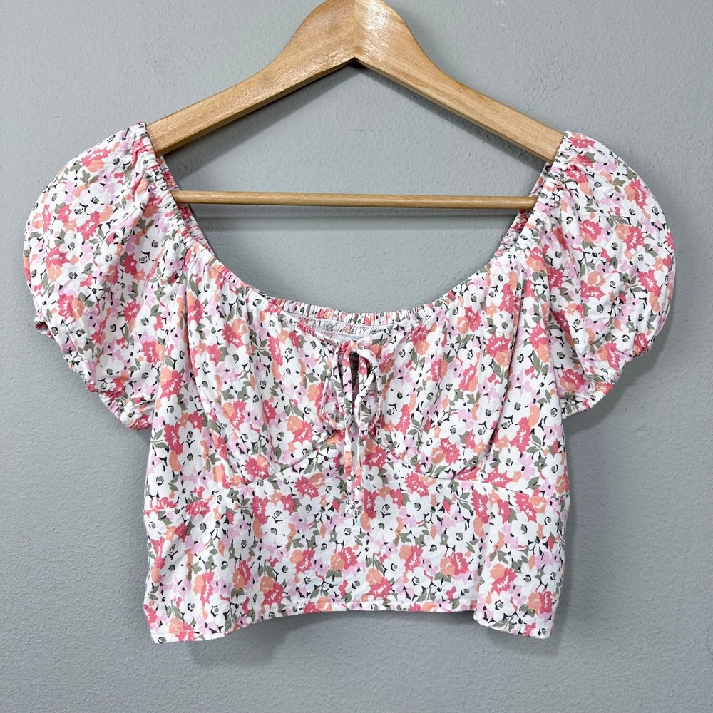 Hollister Floral Smocked Crop Top Tie Front Square Neck Pink White Womens Medium